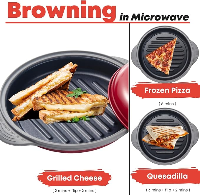 MACONEE Microwave Grill Pan | Microwave Griller, Griddle & Crisper Pan with Lid for Grilling, Browning, and Crisping Foods Microwave Cookware for Grill Meat, Sandwich & Vegetable inside a Microwave