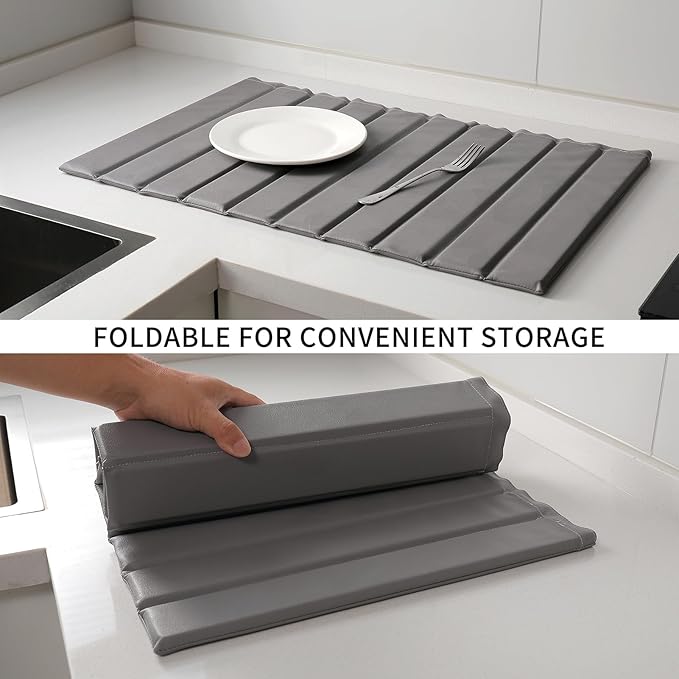 Stone Dish Drying Mat with PU Leather Surface for Kitchen Counter, Water-Absorbent Collapsible Roll up, Quick Dry, Non-Slip for Cups Dishes Bottles,Removable and washable(Medium Gray, 23.6”x15.4”)