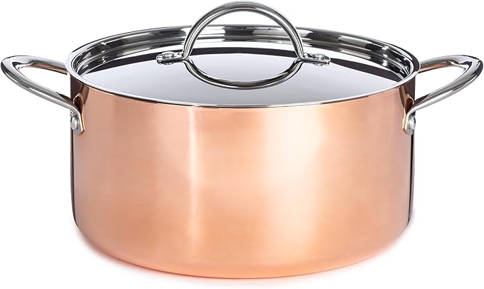 BergHOFF Vintage 10Pc Tri-Ply Copper 18/10 Stainless Steel Cookware Set With Matching Lids, Polished, Long Ergonomic Shaped Handle, 3-layer Base, Gold
