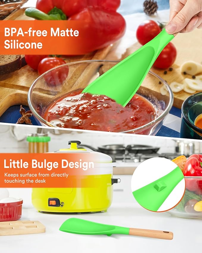 Cooking Spoon for Nonstick Cookwares, Great for Cooking and Serving Sturdy BPA-Free Matte Silicone, Wood Handle Spoon for Mixing, Scoop, and Scrape (Apple Green)