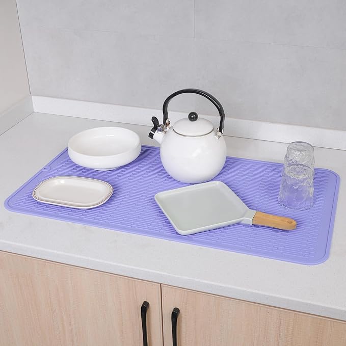 Silicone Dish Drying Mat for Multiple Usage,Easy clean,Eco-friendly,Heat-resistant Silicone Mat for Kitchen Counter or Sink,Refrigerator or Drawer Liner Light Purple 4XL 32 inches x 18 inches