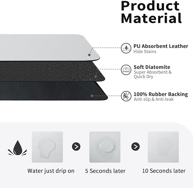 Dish Drying Mat for Kitchen Counter, Heat Resistant Drainer Mats with Non-slip Rubber Backed, Hide Stain Kitchen Super Absorbent Draining Mat, Easy to Clean Dish Rack Pad, Light Grey 16"x18"