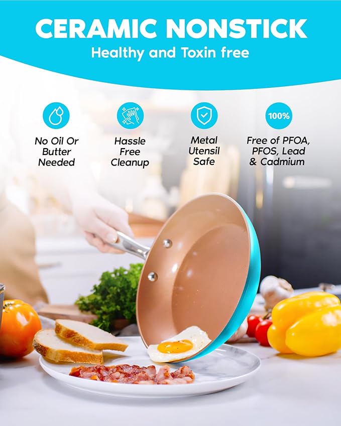 GOTHAM STEEL 20 Piece Copper Pots and Pans Set Nonstick Cookware Set + Complete Ceramic Bakeware Set for Kitchen with Long Lasting Non Stick, Dishwasher/Oven Safe, Non Toxic – Turquoise