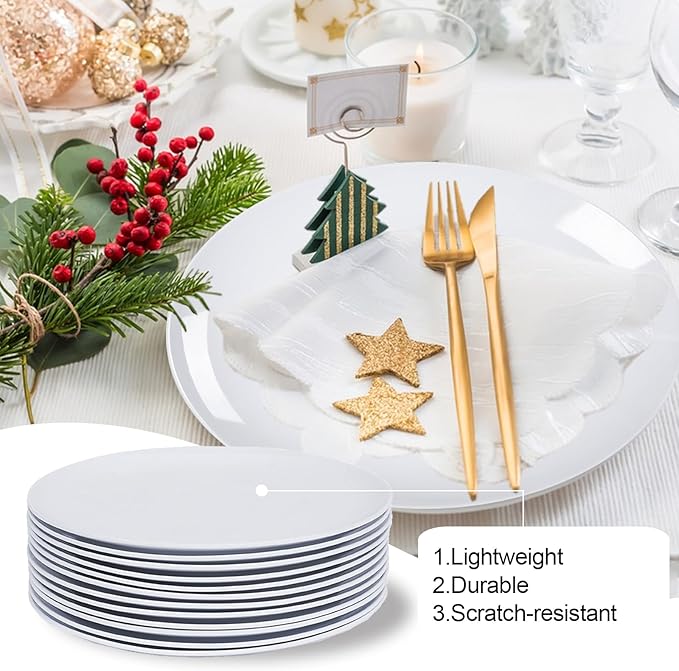 White Melamine Dinner Plates,12pcs Dishes Set,10inch Lightweight Round Plastic Plates,Scratch Resistant Unbreakable Serving Dishes,White