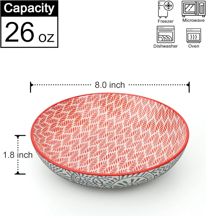 KitchenTour Pasta Bowls 26 Ounce, 8 inch Porcelain Ceramic Soup Dinner Salad Serving Bowls Set of 6, Dishwasher and Microwave Safe, Assorted Colors