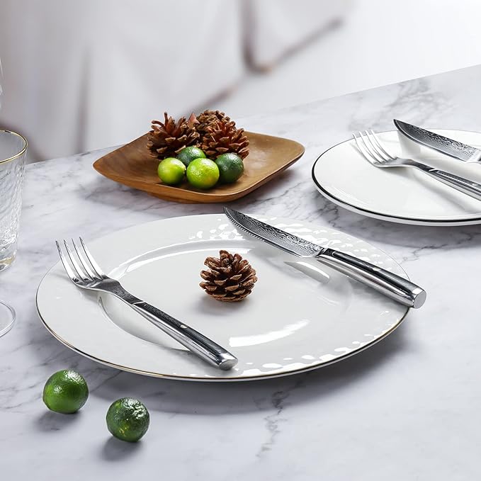 Sunnecko Damascus Steak Knives Set of 4 Serrated, Japanese VG10 Stainless Steel Steak knives Dishwasher Safe, 5 Inch Steak Knives G10 Handle with Gift Box