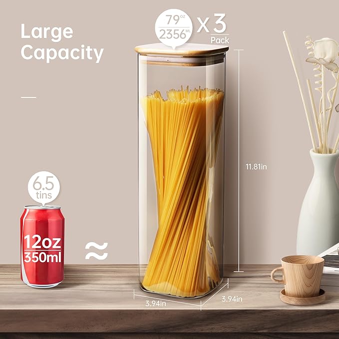 Square Glass Jars with Bamboo Lids 79 FL OZ [Set of 3], Glass Canisters with Airtight Lid, Glass Food Storage Containers for Spaghetti, Fettuccine, Linguine,Pasta, Best for Kitchen & Pantry