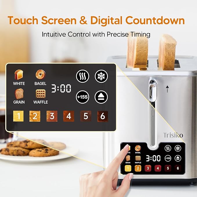 Trisiko® Touch Screen Toaster 2 Slice, Stainless Steel Smart Toaster with Digital Timer, 1.38" Extra-Wide Slots for Bread& Bagel,with Reheat, Defrost, Cancel, +15s Boost, Great for Home, Office, Dorm