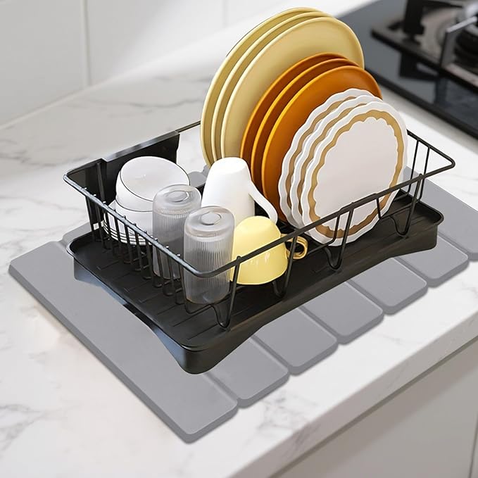 Hopegiver Gray Stone Drying Mat for Kitchen Counter, 15.75"x11.81" Foldable Quick Dry Stone Mat Kitchen, Absorbent Diatomaceous Earth Dish Drying Mats for Dishes Utensils, Includes Sanding Block