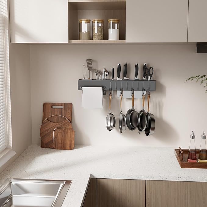 NET MEYA Stainless Steel Pot and Pan Hanger,Wall Mounted Pot Rack Kitchen Hanging Rail With S Hooks,Detachable Pans Hanging Rail Kitchen Lids Utensils Hanger,19.7 InchWall Mounted Hanging Pot Rack