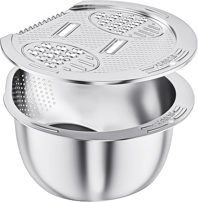 ESOW Colander Set Stainless Steel, Rice Washer Strainer Bowl with Grater, Multipurpose Use for Food Storage, Draining Water, Cutting and Slicing/Shredding, Kitchen Essentials