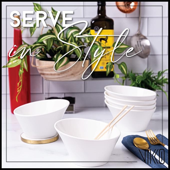 Vikko White Pasta Bowls, Set of 6 Fine Porcelain Salad Bowls, 18 Ounce Elegant White Bowls for Kitchen, Dishwasher Safe Bowl Plates
