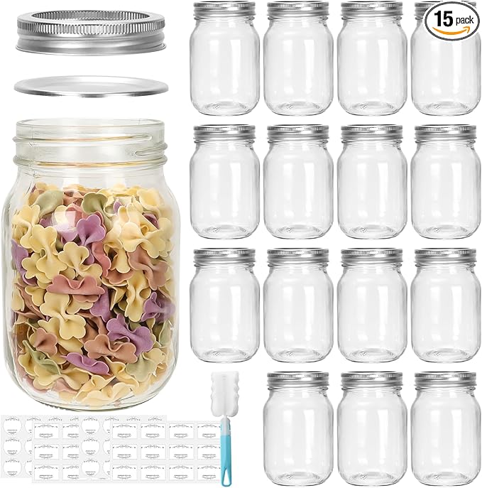 DHSBTLS Glass Regular Mouth Mason Jars, 15 Pack 16 oz Glass Canning Jars with Silver Aluminum Lids and Bands, Airtight Jars for Food Storage, Canning, Overnight Oats, Fermenting, Pickling, Decor