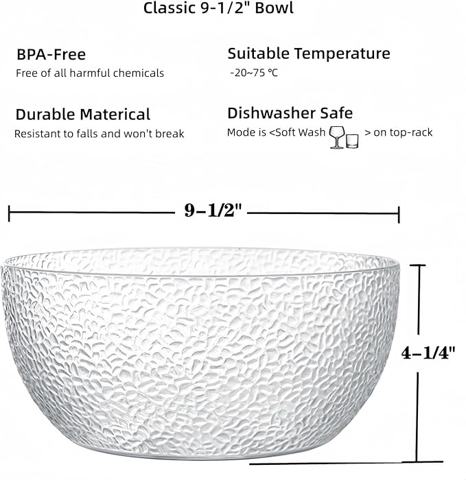 Qxbekmor 130 oz Acrylic Salad Bowls, 9.5" Serving Bowls for Fruits, Popcorn, Chips, Dips, Condiments, Break-Resistant Set of 2, Clear Circular