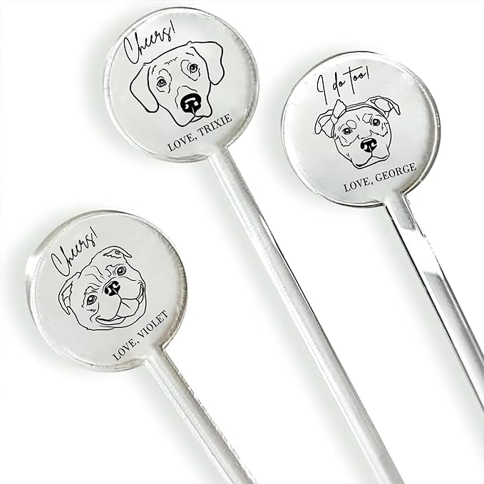 Personalized Dog Drink Stirrers, Custom Wedding Pet Illustration Acrylic Sticks for Wedding Cocktails, Unique Party Favors & Reception Decor Style 3