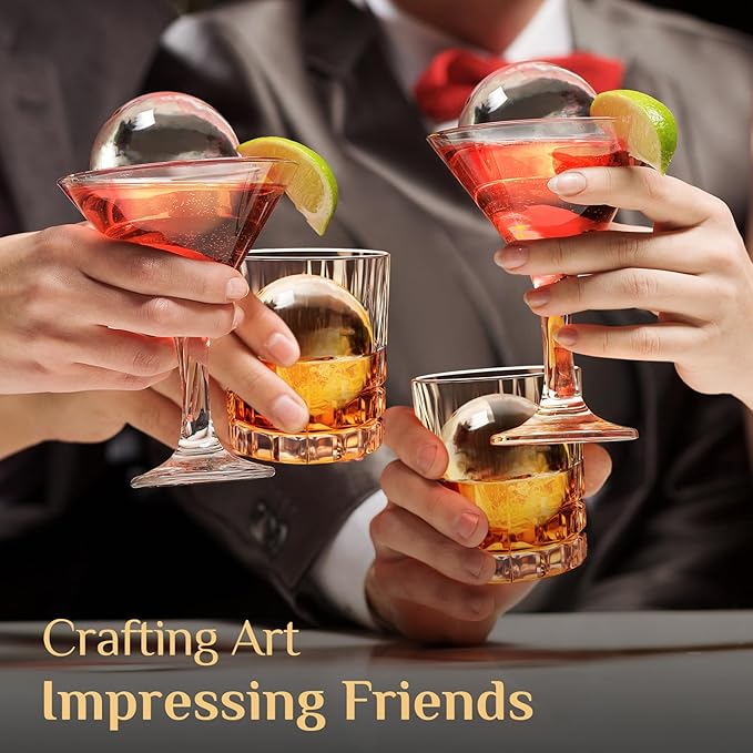 Clear Ice Cube Maker, 2.5" Stainless Steel Ice Ball Maker Mold for Whiskey & Cocktails, Non-BPA Premium Silicone Ice Cube Molds, Easy-Release Sphere Ice Maker, Bourbon Gifts for Men (8 PACK)