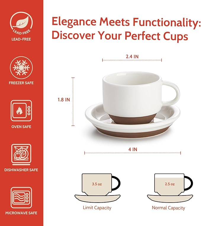 Sweese 2.5 Ounce Espresso Cups Set of 4, Porcelain Stackable Coffee Cups with Saucers and Metal Stand, Multicolor