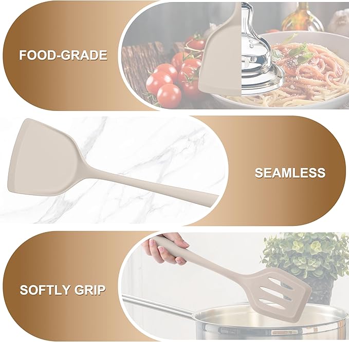 TeamFar Silicone Cooking Utensils, Kitchen Utensils Set of 5, Nonstick Cookware Tools Turners Spoons Pasta Server for Home, Healthy & Heat-Resistant, Seamless & Non-Scratch, Dishwasher Safe, Khaki
