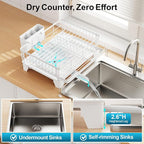 GSlife Extendable Dish Drying Rack - Large 2-in-1 Dish Racks for Kitchen Counter and Over Sink, Anti-Rust Dish Drainer with Drainboard, 2 Pan Slots and Utensil Holder, White