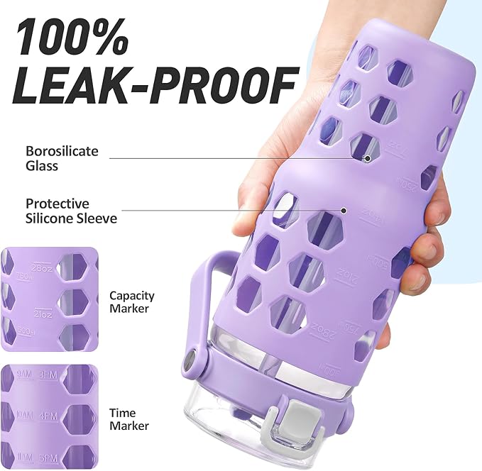 MUKOKO 32 oz Glass Tumbler with Straw,Glass Water Bottles with Time Marker,Iced Coffee Cup with Silicone Sleeve,Motivational Drinking Bottles,Leakproof-Purple