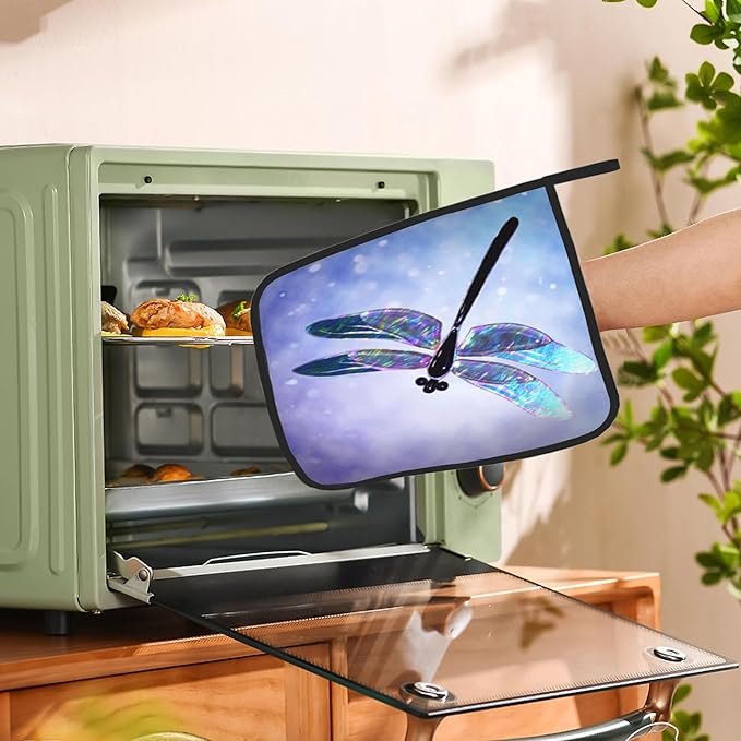 2PCS Dragonfly Pot Holder with Loop,Fantasy Dragonfly Heat Resistant Oven Pads, Hot Pat for Kitchen Cooking Baking Food