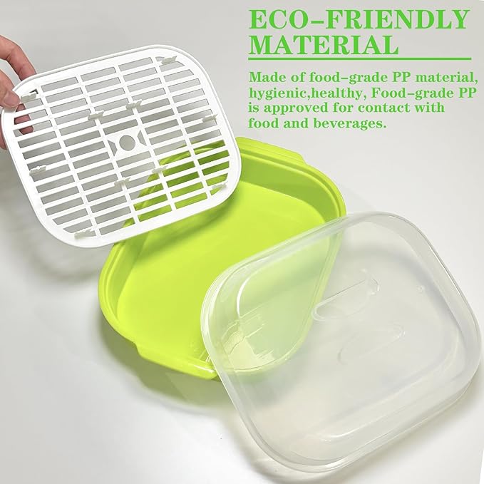 Microwave Steamer for Vegetables, Plastic Microwave Vegetable Steamer with Lid for Vegetables Prep Seafood Fish Cooking, Green-Rectangle, 10.6Inch