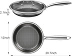Fogdream 12” Stainless Steel Pan, Non Stick Frying Skillet with Lid, Tri-Ply Stainless Steel for All Cooktops, Dishwasher and Oven-Safe Cooking Pan, Stay-Cool Handle, Silver