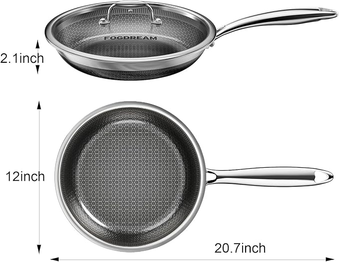 Fogdream 12” Stainless Steel Pan, Non Stick Frying Skillet with Lid, Tri-Ply Stainless Steel for All Cooktops, Dishwasher and Oven-Safe Cooking Pan, Stay-Cool Handle, Silver