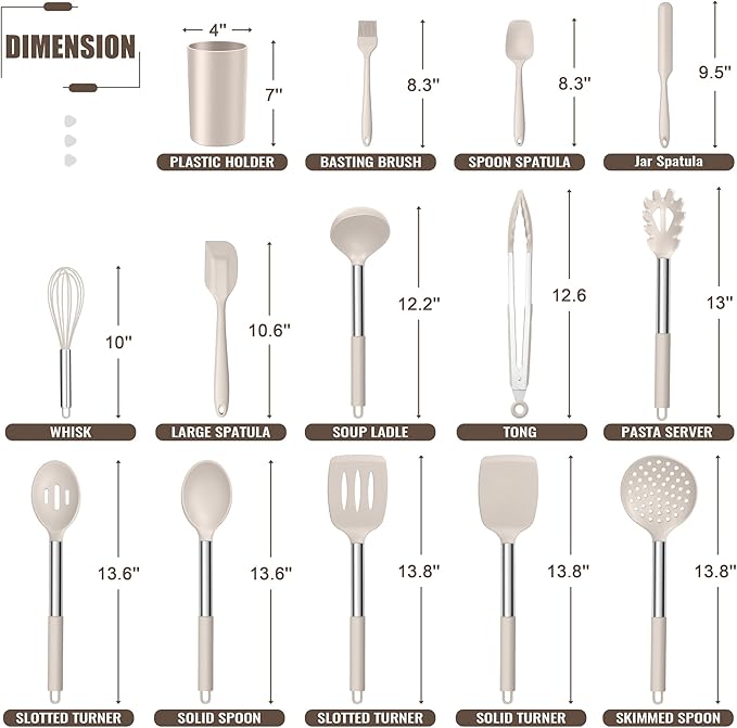 E-far 14 Pieces Silicone Cooking Utensils Set, Kitchen Utensils Set with Holder, Spatula, Ladle, Spoon, Tong, Slotted Turner for Nonstick Cookware, Heat Resistant & Stainless Steel Handle, Khaki