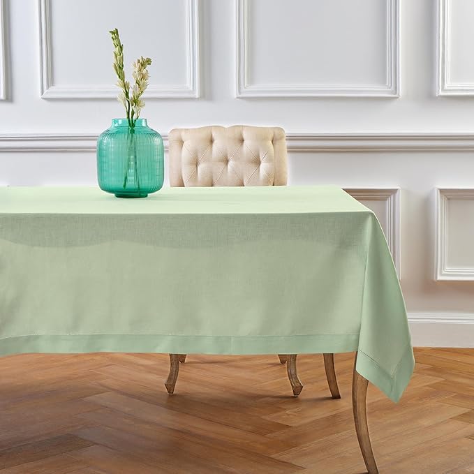 Solino Home Linen Tablecloth for Rectangle Tables 60 x 90 Inch - Classic Hemstitch 100% Pure Linen Light Green Table Cloth - Machine Washable Cloth Tablecloth for Summer