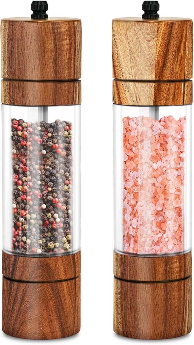 Acacia Wood Salt Grinder and Pepper Grinder Set Premium Acrylic Salt and Pepper Mill Set, Manual Salt and Pepper Mills- Wooden Shakers with Adjustable Ceramic Core 8 Inches 2 Pack
