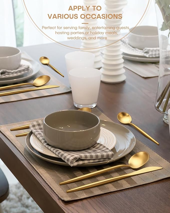 Gold Silverware Set,Ollex 60-Piece Modern Silverware Set for 12 with Knives Forks Spoons Matte Flatware Set Food-Grade Stainless Utensils Satin Finish Tableware Cutlery Set,Dishwasher Safe