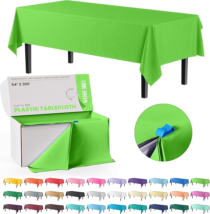 Exquisite Lime Green Plastic 54x300in Tablecloth Roll, Heavy Duty Disposable, Waterproof, Built-in Cutter, 36 Rectangle Table Covers, All-Season