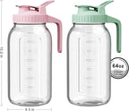 | 2 Pack | 64oz Glass Pitcher with Lid and Spout, 2 Quart (1.9 Liter) Mason Jar Pitcher Wide Mouth, Airtight Water Jug for Juice, Sun Tea, Iced Coffee, Milk Storage, Pink & Green