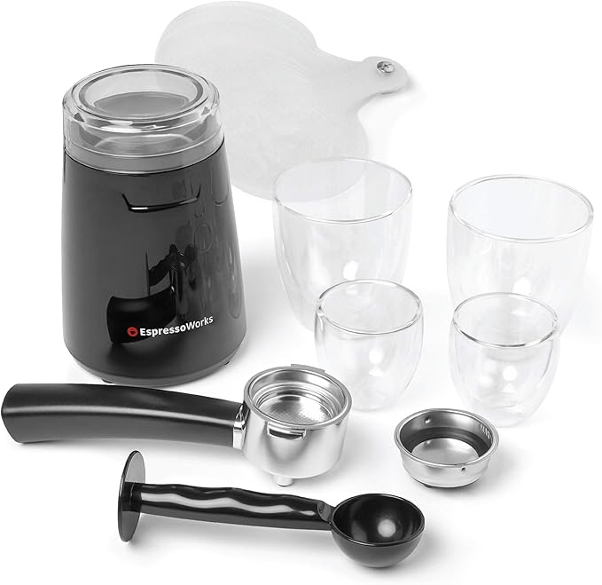EspressoWorks 19-Bar Espresso, Latte and Cappuccino Maker 10-Piece Set - Brew Cappuccino and Latte with One Button - Espresso Machine with Milk Steamer 1250W - Coffee Gifts (White)