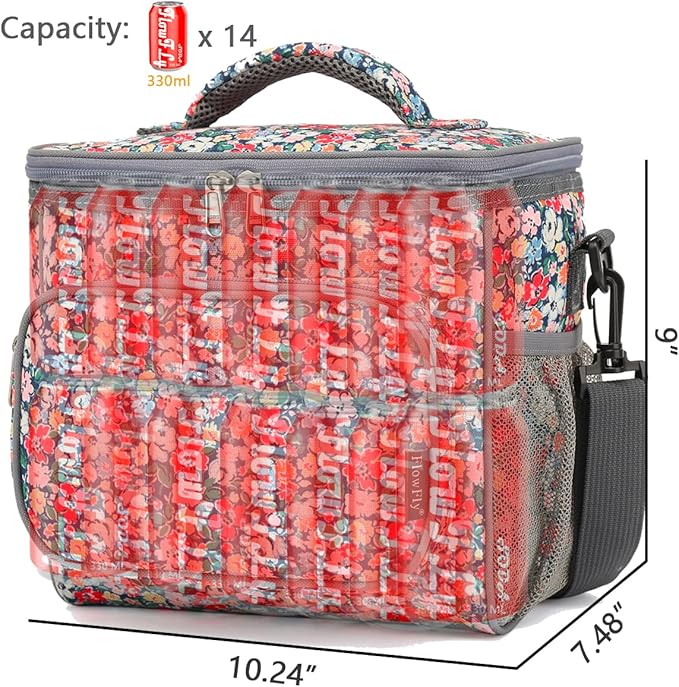 FlowFly Insulated Reusable Lunch Bag Adult Large Lunch Box for Women and Men with Adjustable Shoulder Strap,Front Zipper Pocket and Dual Large Mesh Side Pockets,Floral