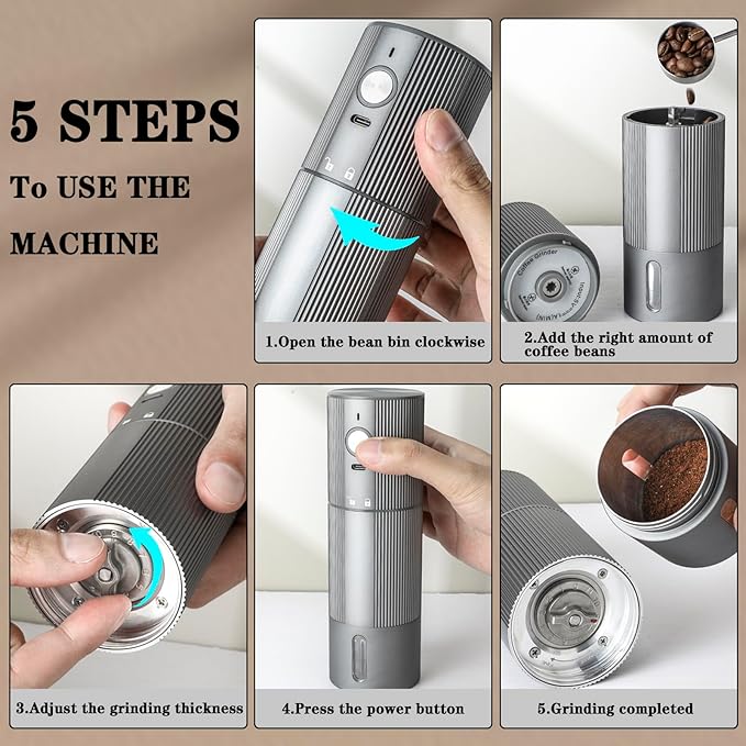 Electric Coffee Grinder Portable Conical Burr Coffee Grinder with 45 Adjustable Settings, Cordless Coffee Burr Grinder for Espresso, Home, Travel, Camping, Office (Silver)