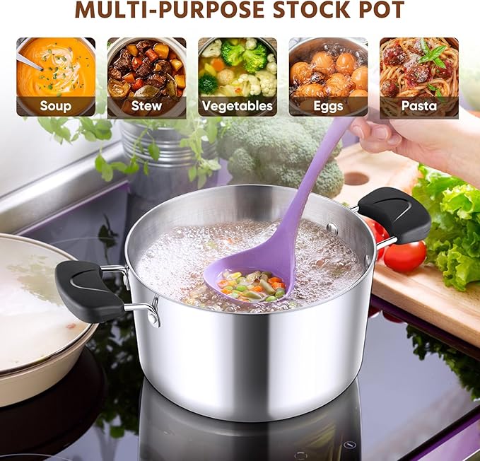 E-far 5Qt Stockpot, 3-Ply Stainless Steel Stock Pot with Glass Lid & Stay-Cool Handles for Cooking Simmering Soup Stew, Heavy Duty Cookware Works w/Induction, Non-toxic & Dishwasher Safe