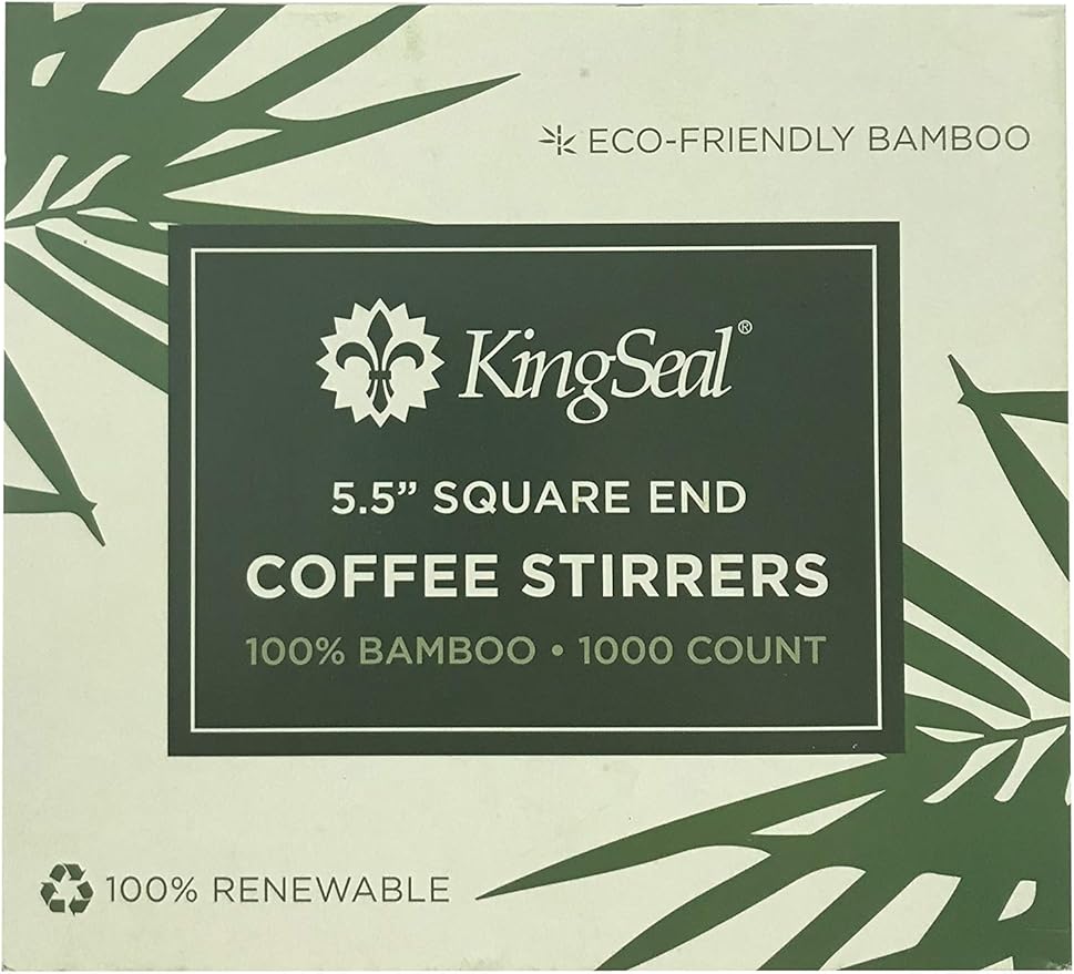 1000 Count | KingSeal Bamboo Coffee Stir Sticks, 5.5 inches, Square End, Stronger and Thicker Than Standard Wood, 100% Renewable and Biodegradable - 1 Box of 1000 Stirrers