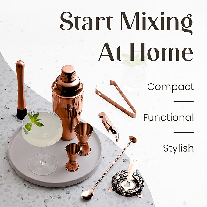 Mixology & Craft 11-Piece Cocktail Shaker Set, Bartender Kit with Stand, Stainless Steel Bar Tools, Dual Jiggers, Muddler & Pourers, Wood Display for Home Bar - Gift Ready (Copper)