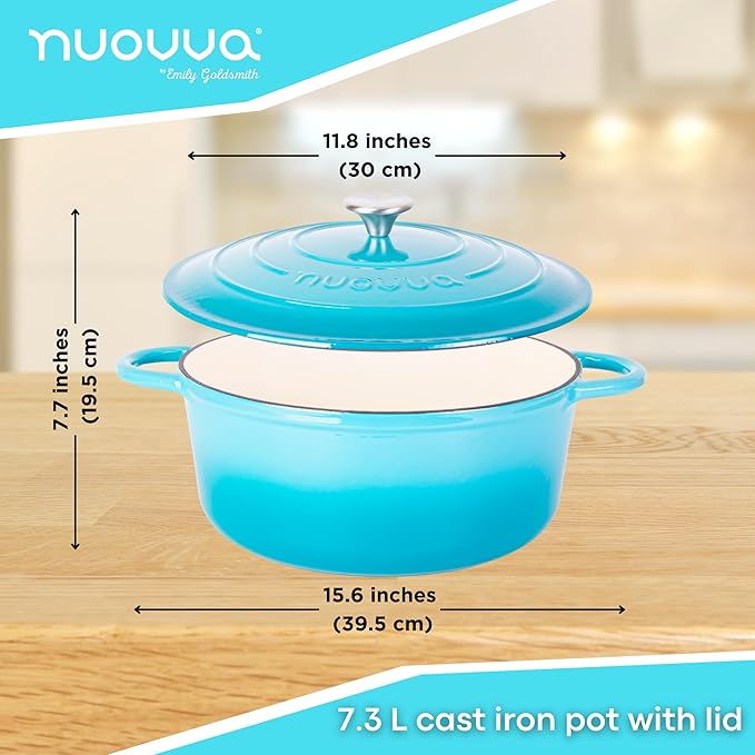 Cast Iron Dutch Oven with Lid – Non-Stick Ovenproof Enamelled Casserole Pot – Sturdy Dutch Oven Cookware – Blue, 7.3-Quart, 30cm – by Nuovva