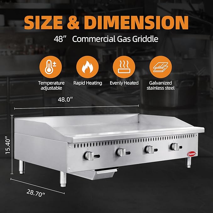 48" Commercial Countertop Griddle, 4 Burners Gas Griddle, 120000 BTU Output, Stainless Steel Flat Top Grill Hot Plate with Natural Gas and Propane Conversion Kit for Restaurant, Food Truck