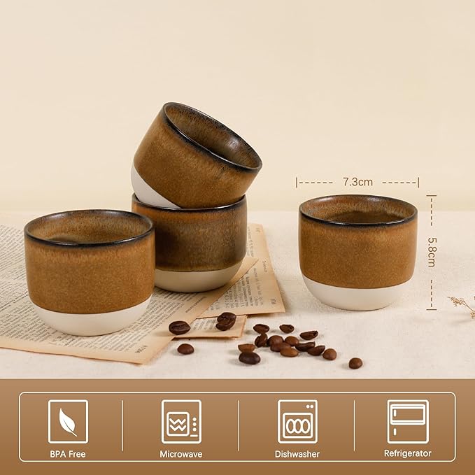 Ceramic Espresso Cups Set of 4, Double Walled Espresso Coffee Mugs for Nespresso Cups, Special glazed Demitasse Cups Expresso Coffee Cup for Espresso Machine (Brown)