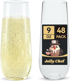 JOLLY CHEF 48 Pack Stemless Plastic Champagne Flutes 9 oz, Crystal Clear Stemless Plastic Toasting Glasses, Clear Disposable Unbreakable Drinkware Ideal for Wedding, Birthday, Party