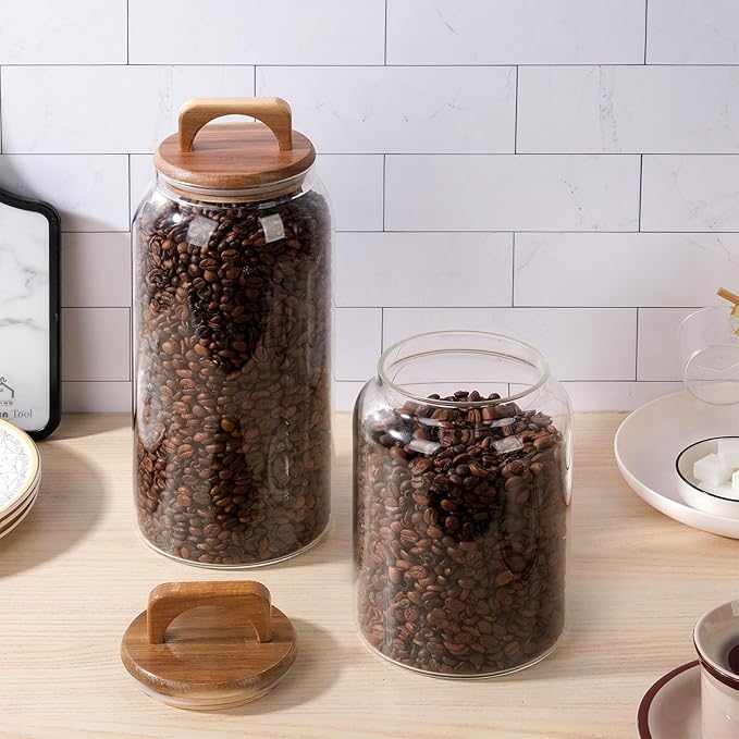 WHJY 2 pack 1/2 Gallon Glass Jars with Wood Lids Flour Sugar Storage Containers for Kitchen Pantry Large Airtight Clear Canister for Coffee Bean Snacks Dried Goods