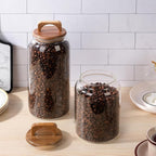 WHJY 2 pack 1/2 Gallon Glass Jars with Wood Lids Flour Sugar Storage Containers for Kitchen Pantry Large Airtight Clear Canister for Coffee Bean Snacks Dried Goods