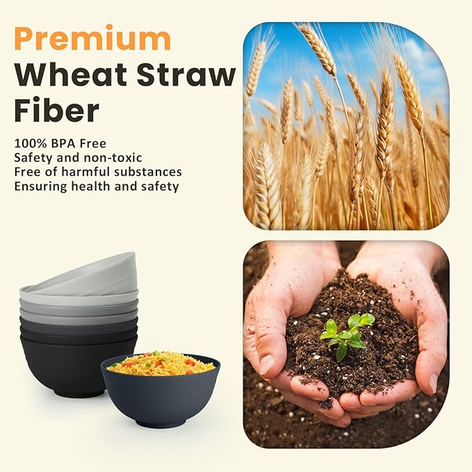 Homienly Cereal Bowl Set, Wheat Straw Fiber Unbreakable Lightweight Bowls Set (Grey Stone, 26 OZ)