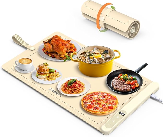 Food Warming Mat WochiTV Electric Warming Tray with 6 Level Temperature Control and 6 Hours Timer Extra Large Food Warmer Perfect for Parties Gatherings Buffet (Beige)