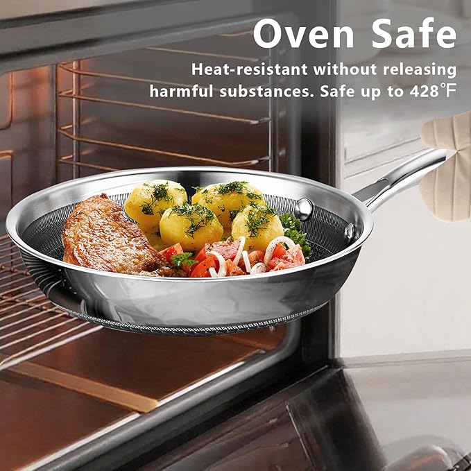 9.5" Non Stick Frying Pans, Stainless Steel Pan, Ceramic Skillet with Stay-Cool Handle, Non Toxic, PFAS PFOA PTFE Free, Dishwasher Safe, Induction, Compatible with All Cooktops