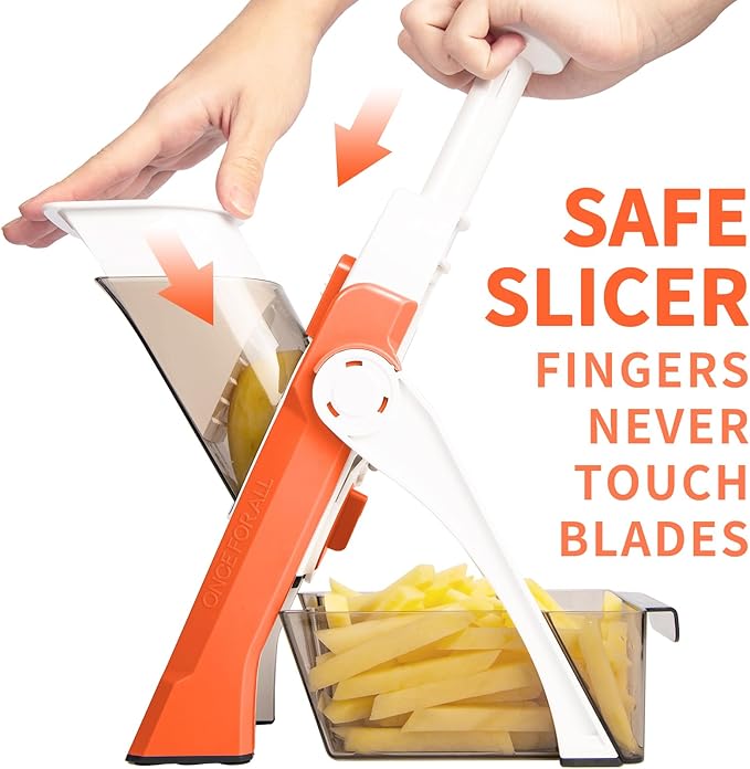 ONCE FOR ALL Safe Mandoline Slicer 5 in 1 Vegetable Cutter, Strips Julienne Dicer Adjustable Thickness 0.1-8 mm for Kitench Fast Meal Prep (Orange)